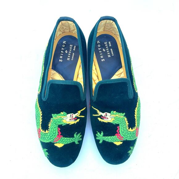 Shipton & Heneage Men’s Velvet Smoking Slippers Loafers Green Dragon Quilt US 9 - Picture 3 of 9